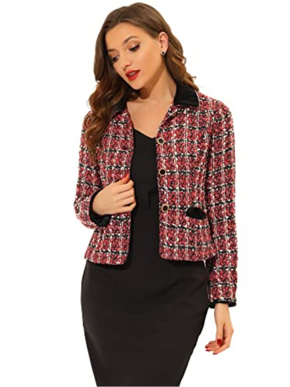 Womens Tweed Cropped Blazer Long Sleeve Button Down Office Jacket Coat